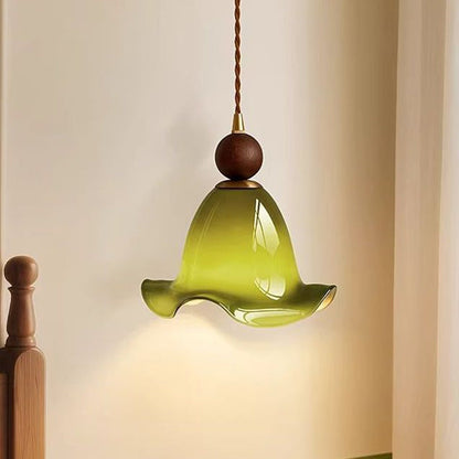 Traditional Vintage Flower Ash Wood Glass 1-Light Pendant Light For Living Room
