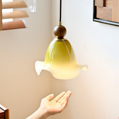 Traditional Vintage Flower Ash Wood Glass 1-Light Pendant Light For Living Room
