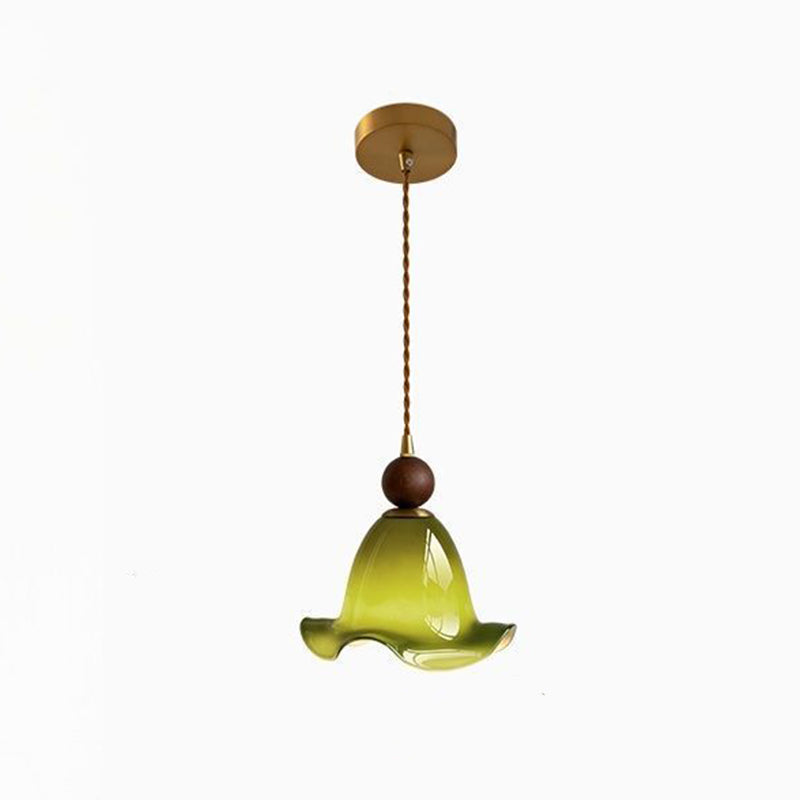 Traditional Vintage Flower Ash Wood Glass 1-Light Pendant Light For Living Room