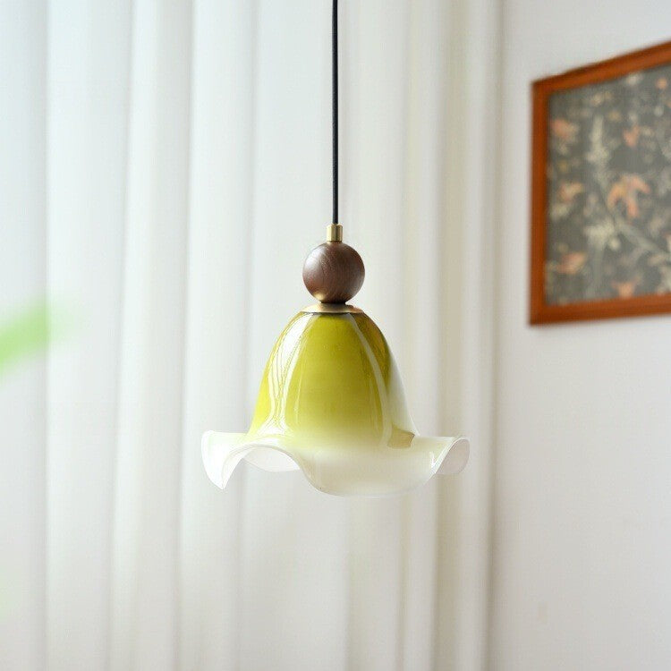 Traditional Vintage Flower Ash Wood Glass 1-Light Pendant Light For Living Room