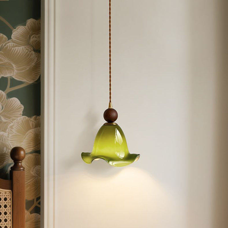 Traditional Vintage Flower Ash Wood Glass 1-Light Pendant Light For Living Room