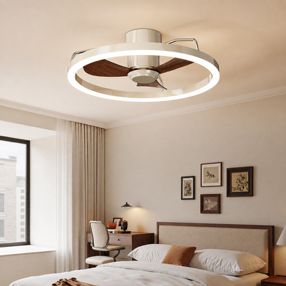 Modern Minimalist Round Aluminum Iron ABS Silicone LED Semi-Flush Mount Ceiling Fan Light Quiet Airflow & Stepless Dimming for Bedroom & Living Room