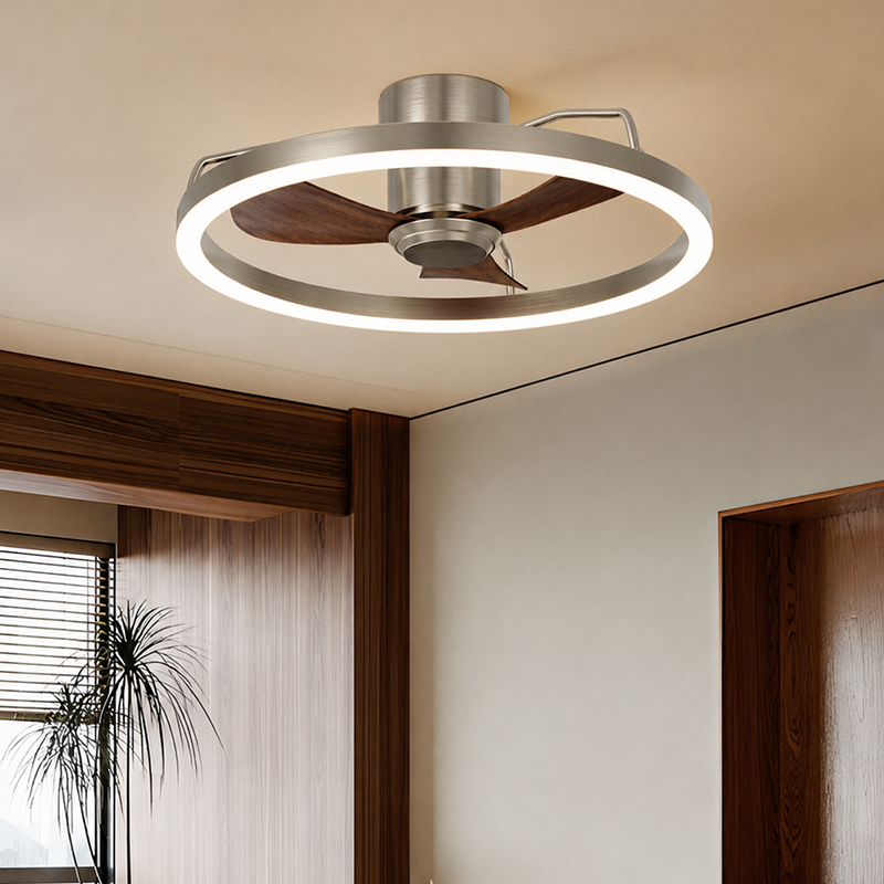 Modern Minimalist Round Aluminum Iron ABS Silicone LED Semi-Flush Mount Ceiling Fan Light Quiet Airflow & Stepless Dimming for Bedroom & Living Room