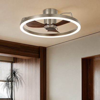 Modern Minimalist Round Aluminum Iron ABS Silicone LED Semi-Flush Mount Ceiling Fan Light Quiet Airflow & Stepless Dimming for Bedroom & Living Room